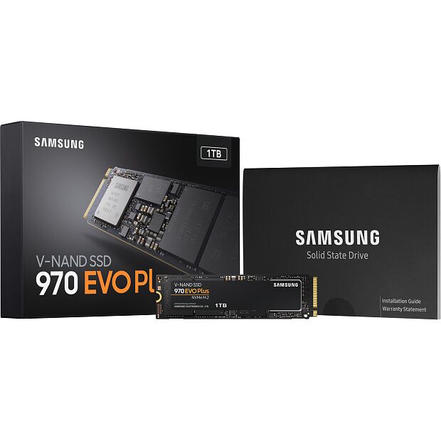 Твердотельные накопители Samsung SSD 970 EVO Plus, 1000GB, M.2(22x80mm), NVMe 1.3, PCIe 3.0 x4, 3-bit MLC, R/W 3500/3300MB/s, IOPs 600 000/550 000, D - 6