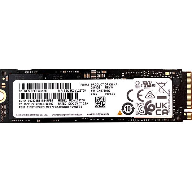Твердотельный накопитель Samsung SSD PM9A1, 2048GB, M.2(22x80mm), NVMe, PCIe 4.0 x4, R/W 7000/5200MB/s, IOPs 1 000 000/850 000, DRAM buffer 2048MB (1 - 2