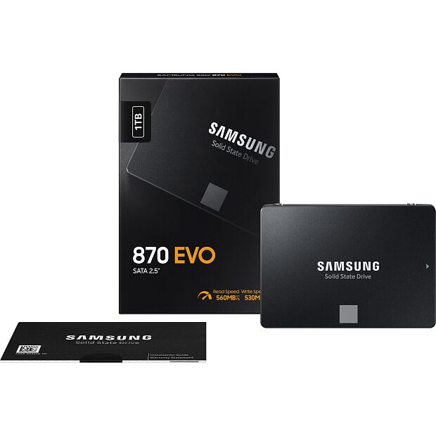 Твердотельные накопители Samsung SSD 870 EVO, 1000GB, 2.5 7mm, SATA3, 3-bit MLC, R/W 560/530MB/s, IOPs 98 000/88 000, DRAM buffer 1024MB, TBW 600, D - 7