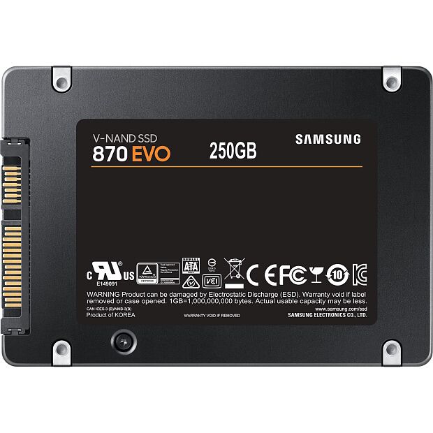 Твердотельные накопители Samsung SSD 870 EVO, 250GB, 2.5 7mm, SATA3, 3-bit MLC, R/W 560/530MB/s, IOPs 98 000/88 000, DRAM buffer 512MB, TBW 150, DWP - 6