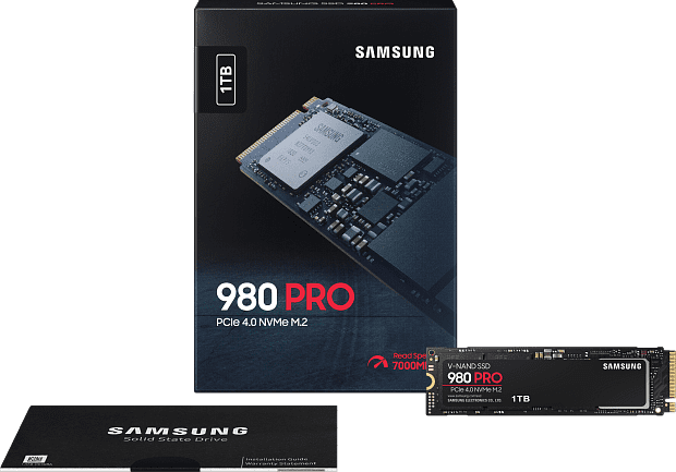 Твердотельные накопители Samsung SSD 980 PRO, 1000GB, M.2(22x80mm), NVMe 1.3c, PCIe 4.0 x4, 3-bit MLC, R/W 7000/5000MB/s, IOPs 1 000 000/1 000 000, D - 9